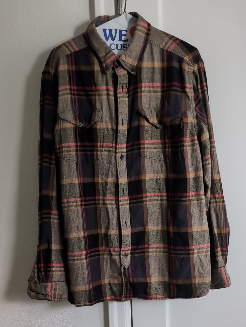 Woolrich Men's Plaid Flannel Button-Down Shirt in Black, Tan & Red Accent